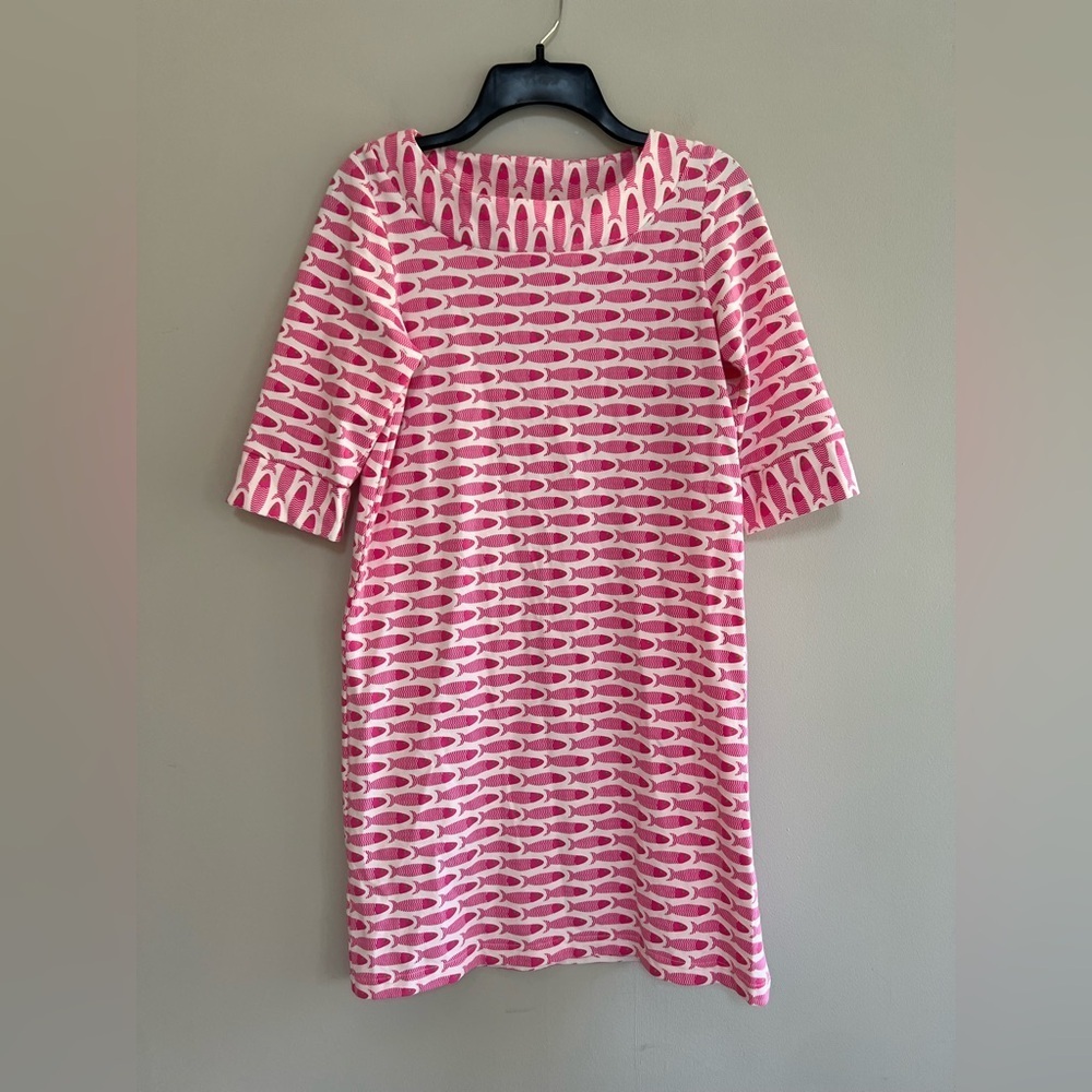 Sailor-Sailor Marina Shift Stretch Dress 3/4 Sleeve Boat Neck Fish Pink White XS